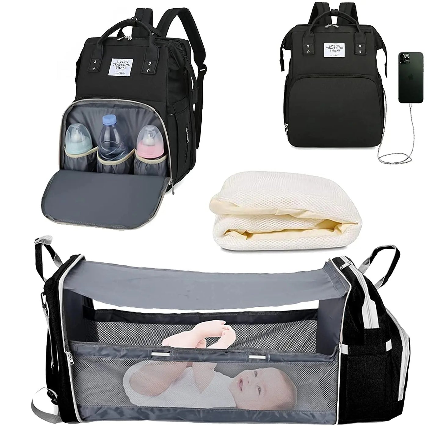 The Olivia Nest – 3-in-1 Luxury Diaper Bag with Portable Baby Bed & USB Charging Port