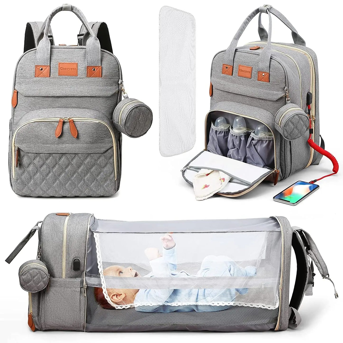 The Olivia Nest – 3-in-1 Luxury Diaper Bag with Portable Baby Bed & USB Charging Port