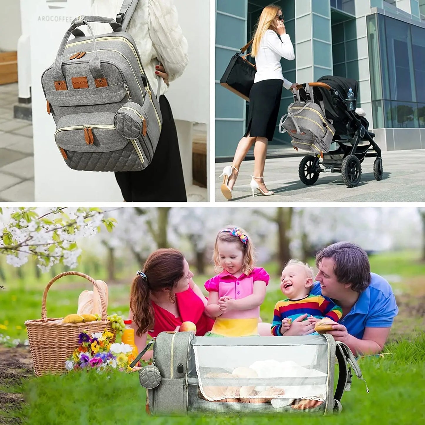 The Olivia Nest – 3-in-1 Luxury Diaper Bag with Portable Baby Bed & USB Charging Port
